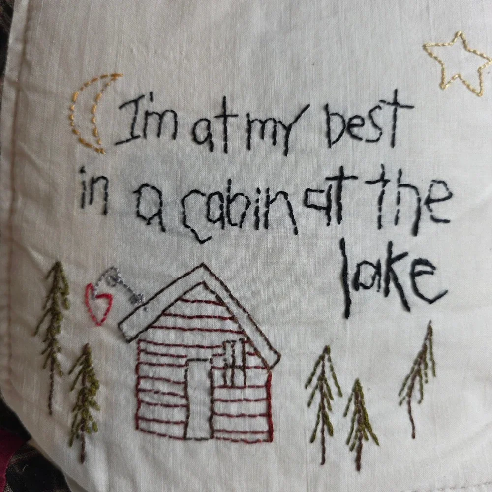 Hand Embroidered Patchwork Plaid Decorative Pillow Rustic Cabin at the Lake